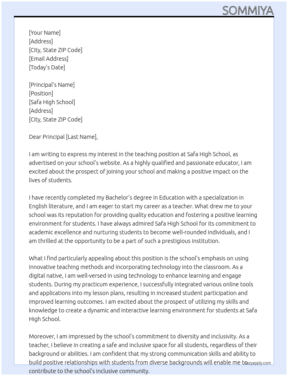 Teache At Safa high school Cover Letter