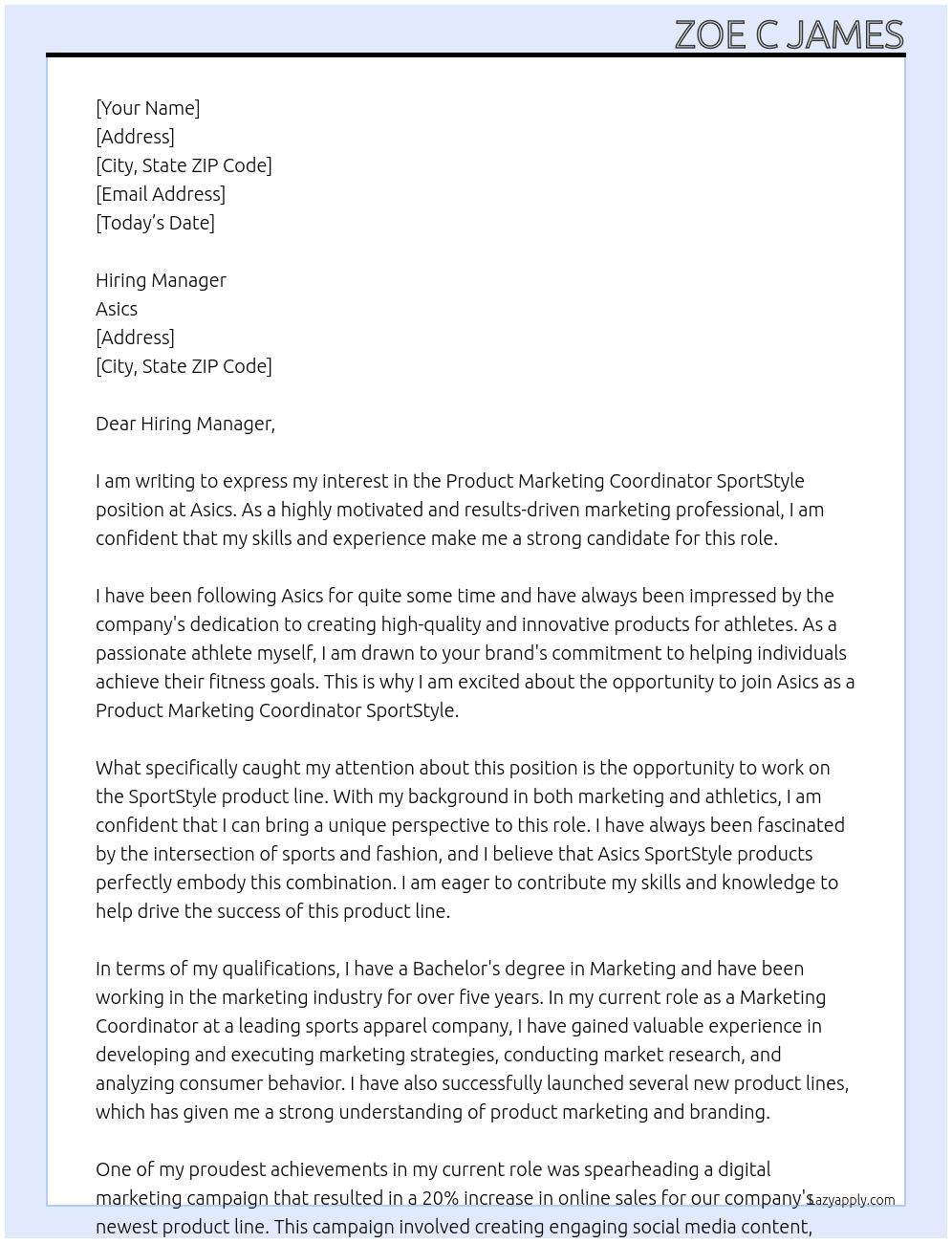 Product Marketing Coordinator SportStyle At Asics Cover Letter