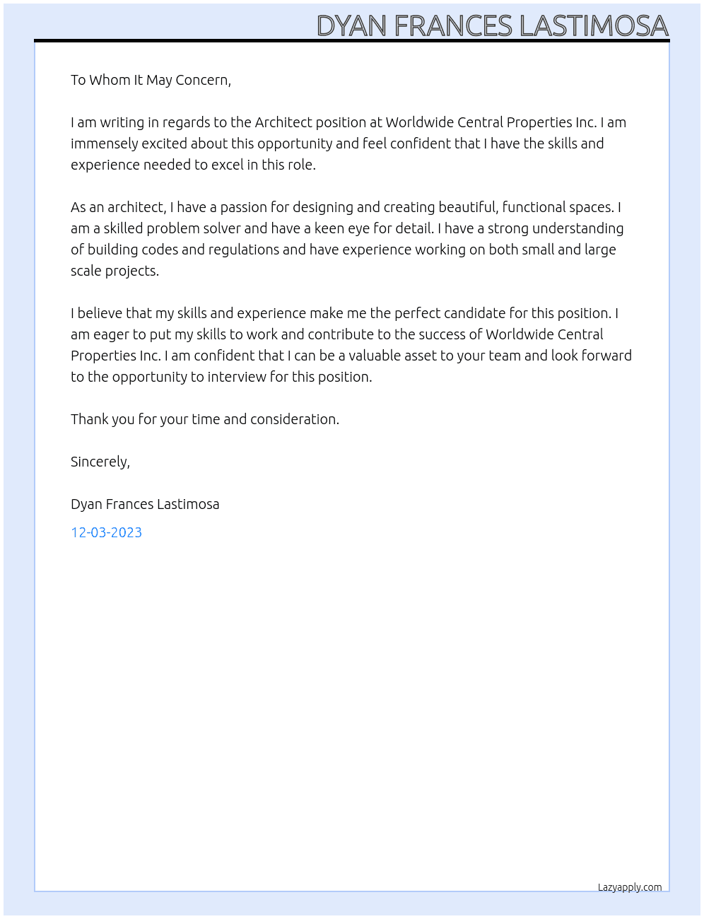 Architect At Worldwide Central Properties Inc. Cover Letter