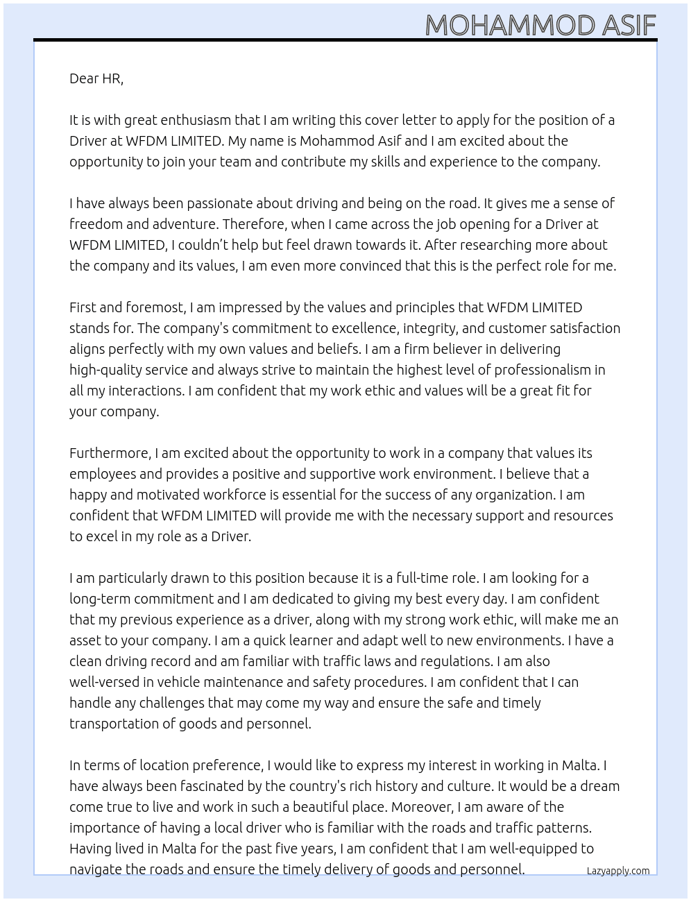 driver At WFDM LIMITED Cover Letter