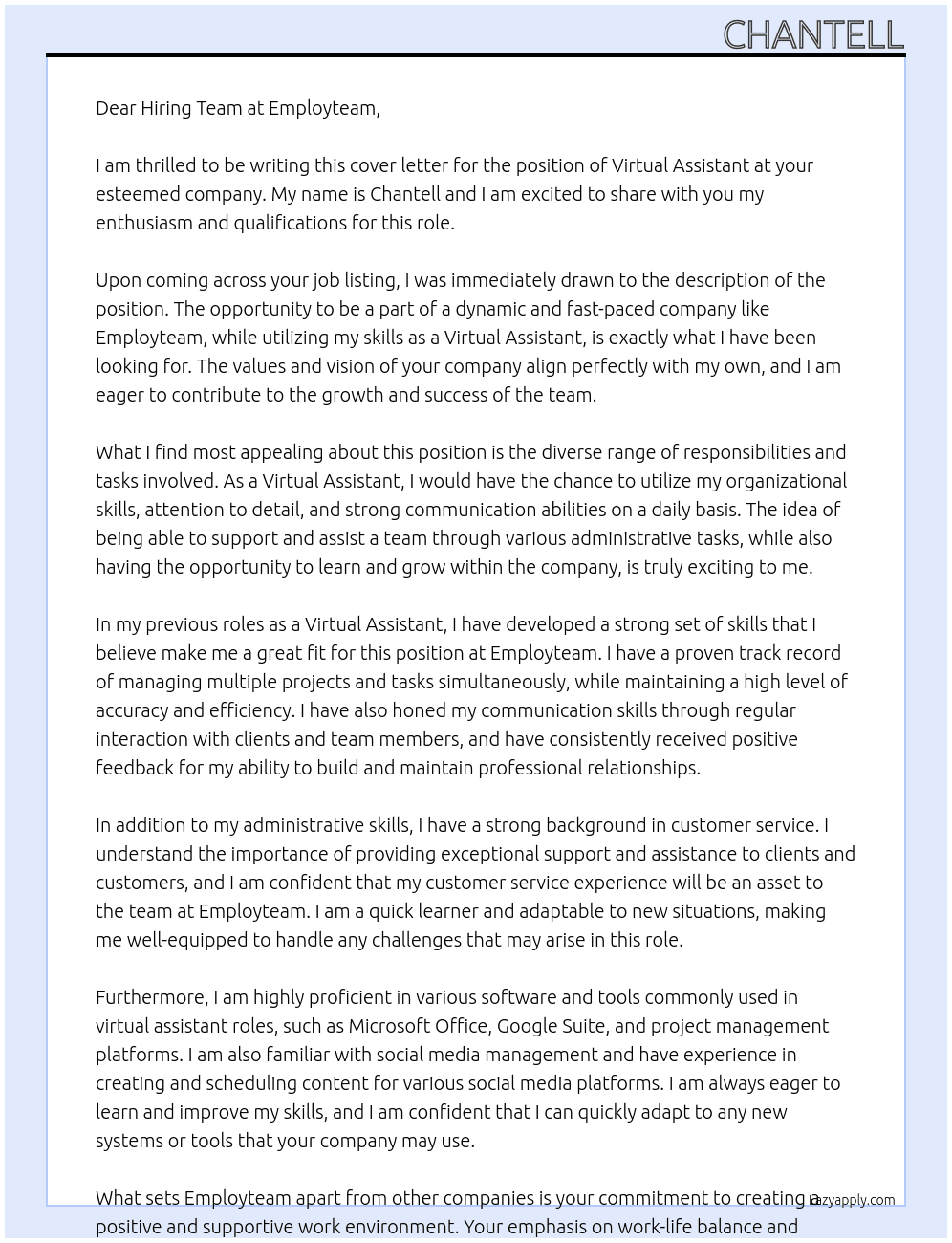 virtual assistant At employteam Cover Letter