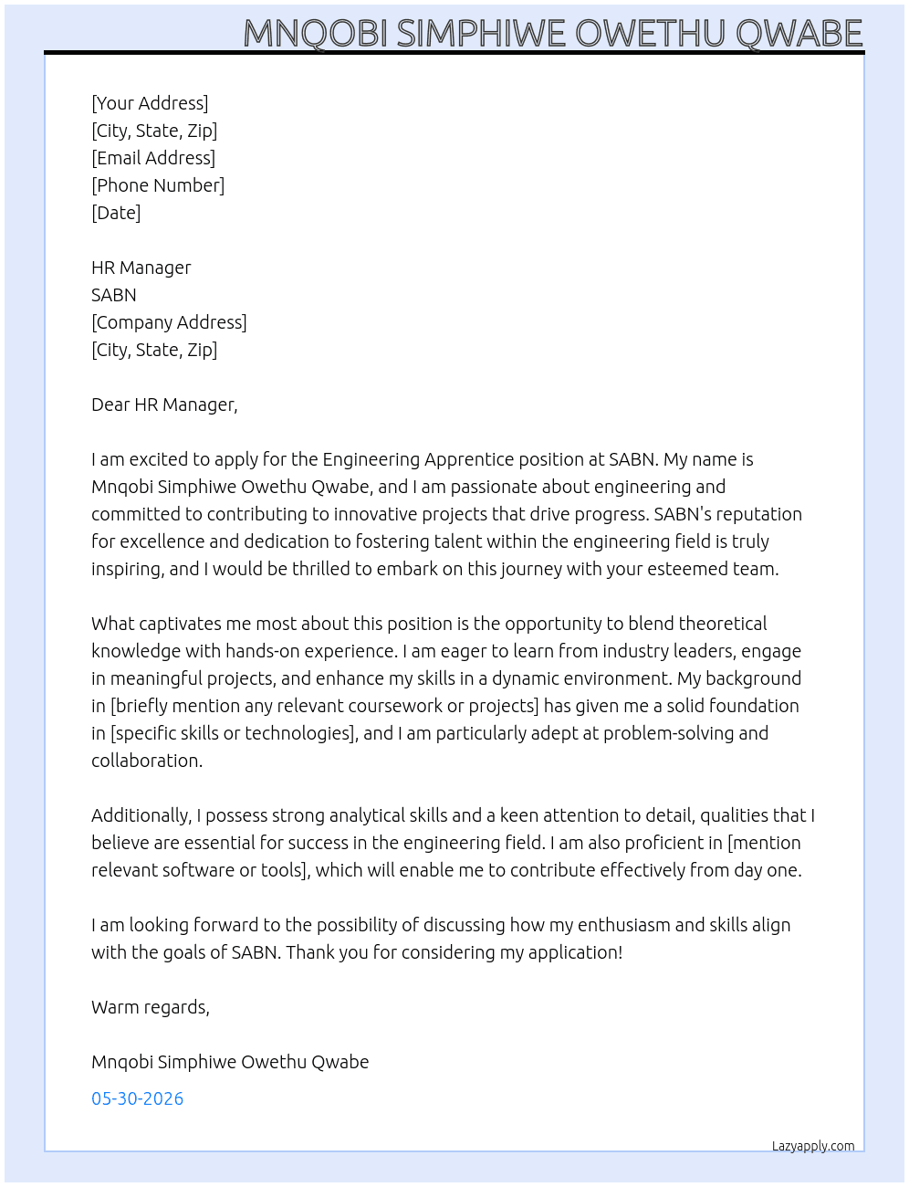 Engineering Apprentice  At SABN Cover Letter