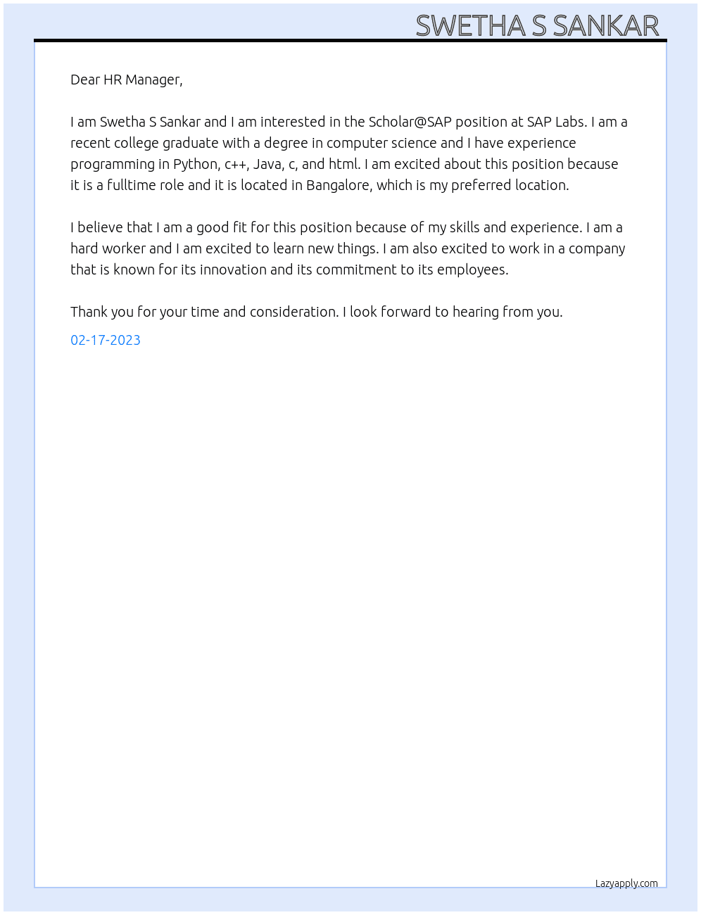 Scholar@SAP  At SAP Labs Cover Letter