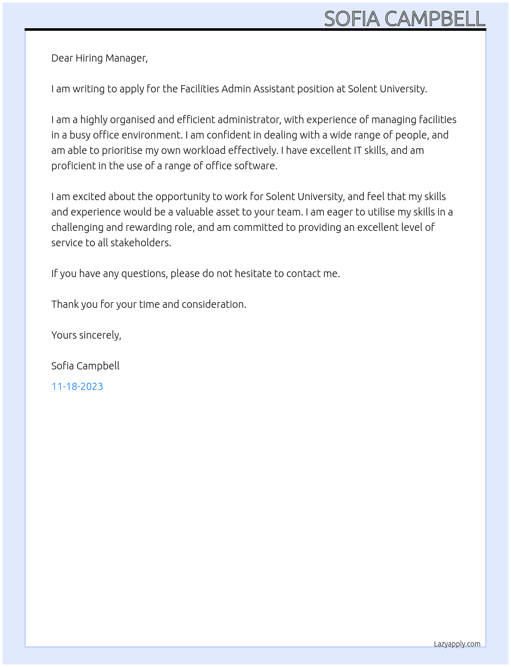 FACILITIES ADMIN ASSISTANT At solent university Cover Letter