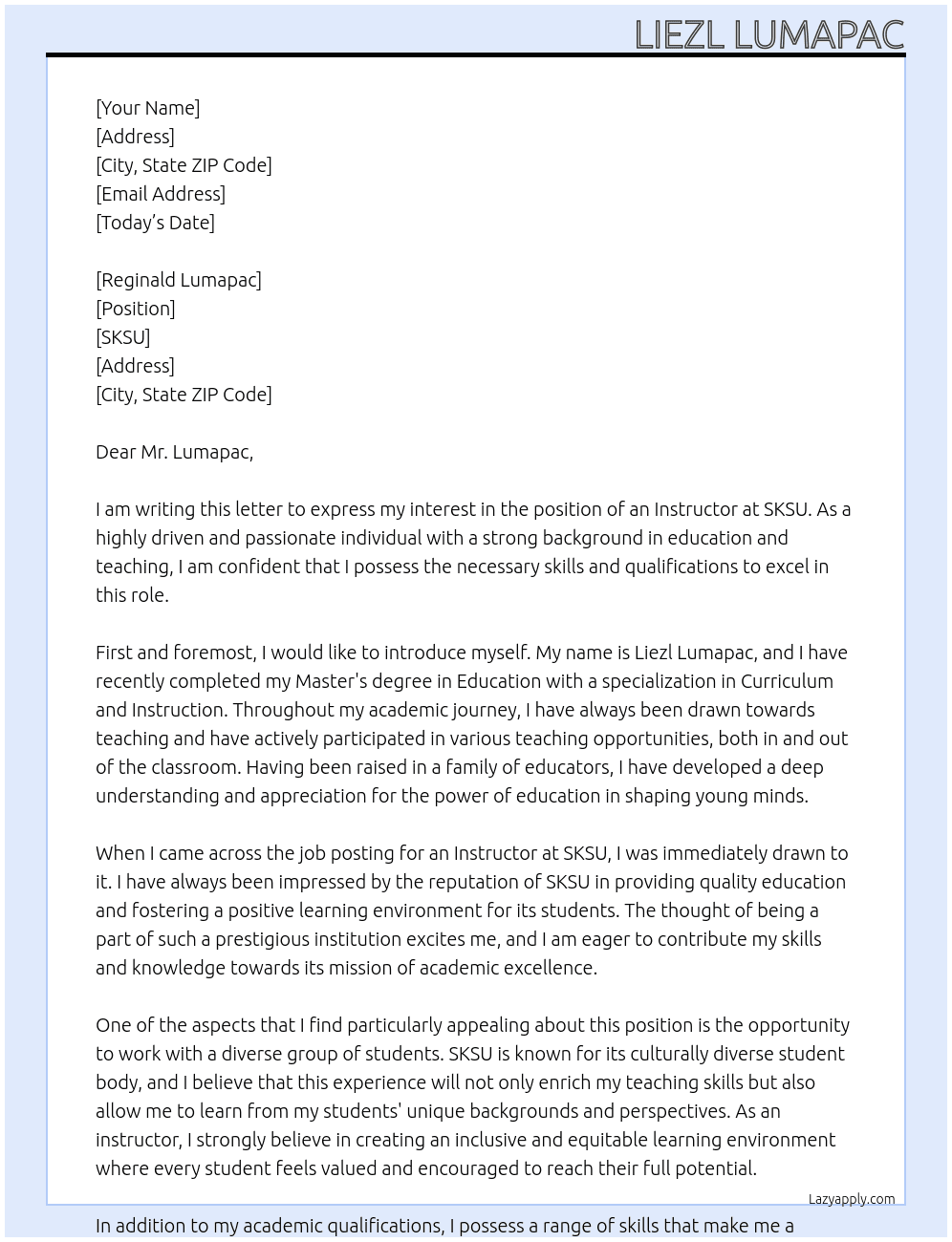 Instructor At SKSU Cover Letter