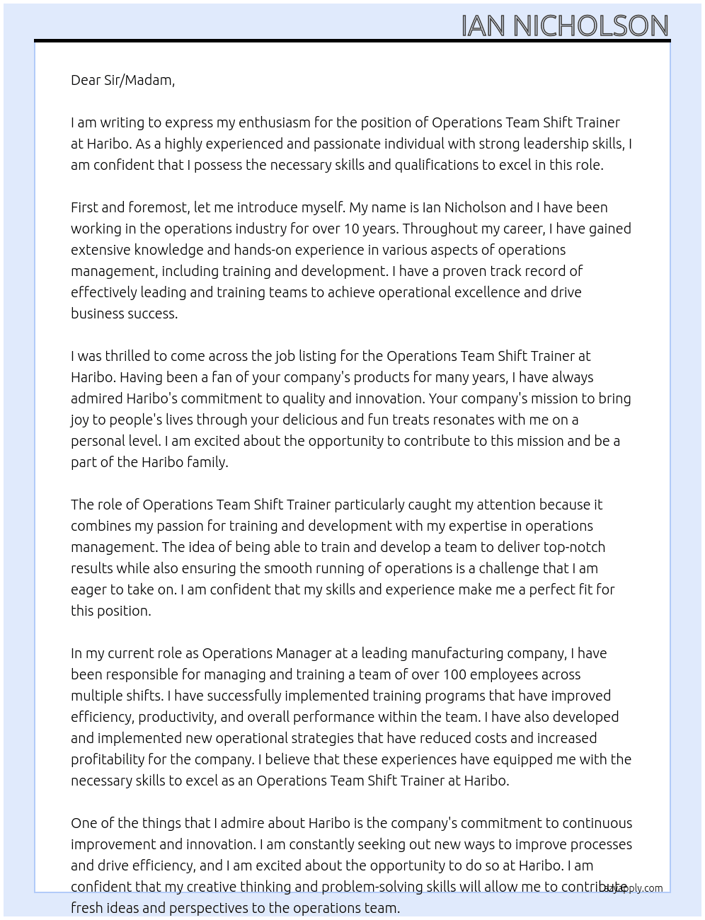 Operations Team shift Trainer At Haribo Cover Letter