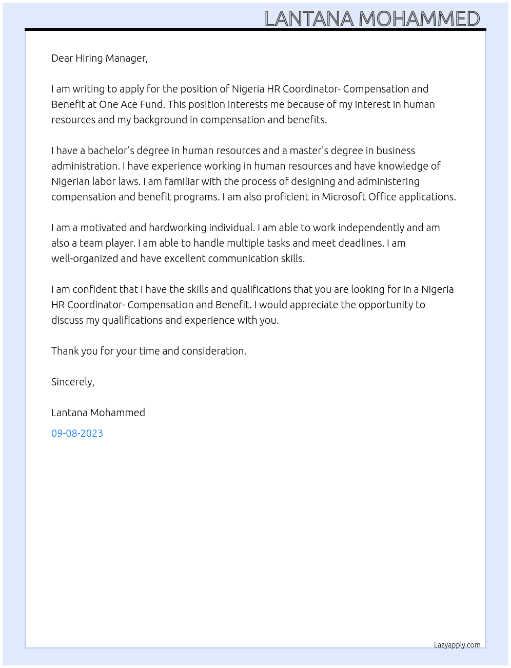 Nigeria HR Coordinator- Compensation and Benefit  At One Ace Fund  Cover Letter