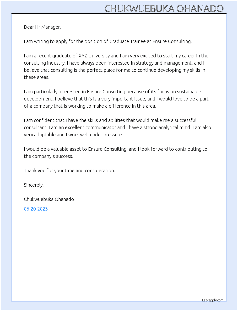 Graduate Trainee  At Ensure Consulting  Cover Letter