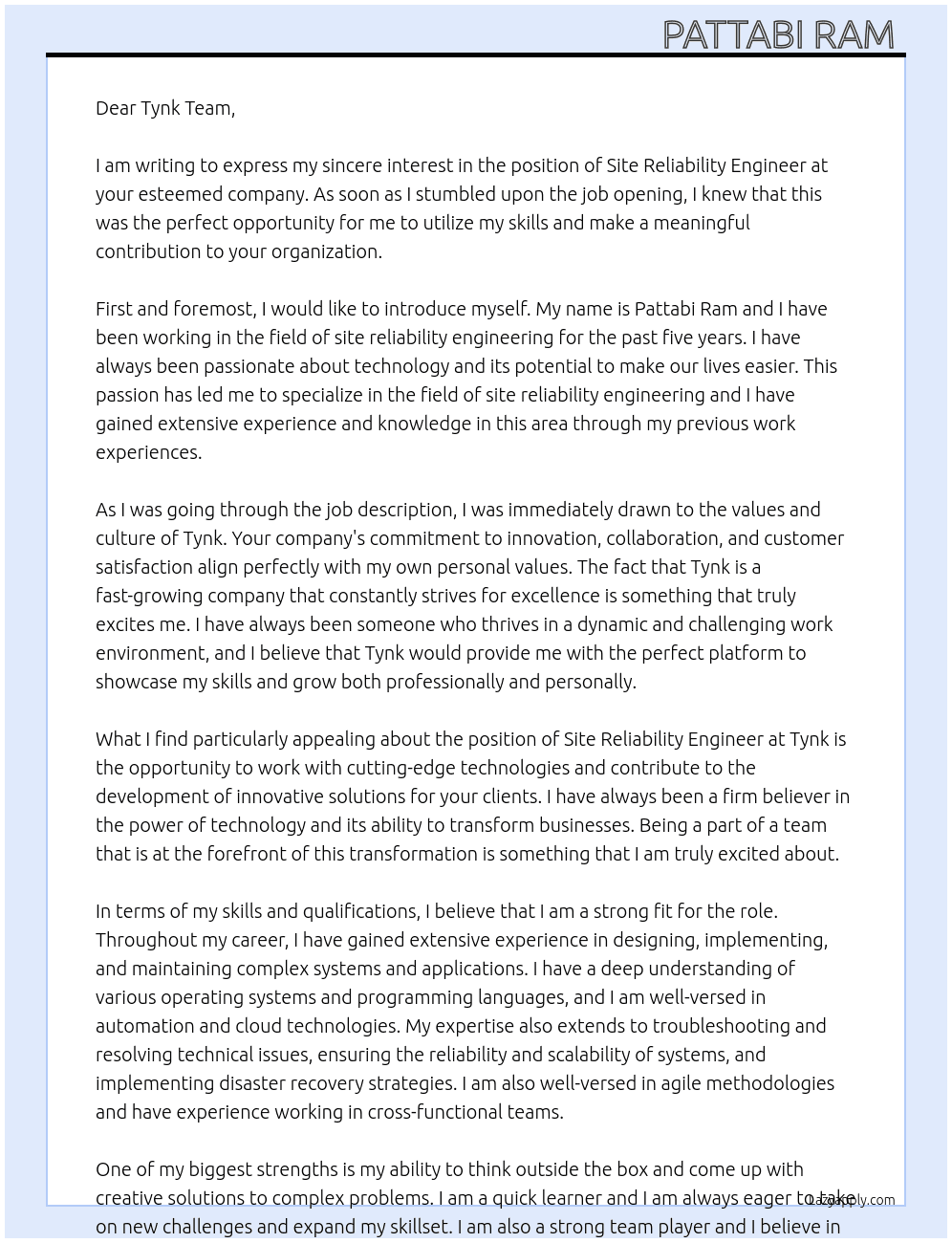 Site reliability engineer  At Tynk Cover Letter