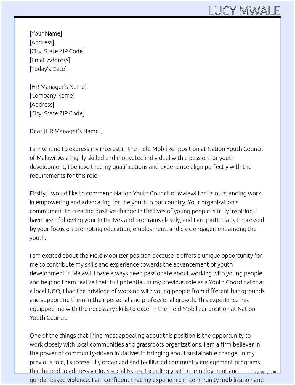 field mobilizer At Nation youth council of Malawi Cover Letter