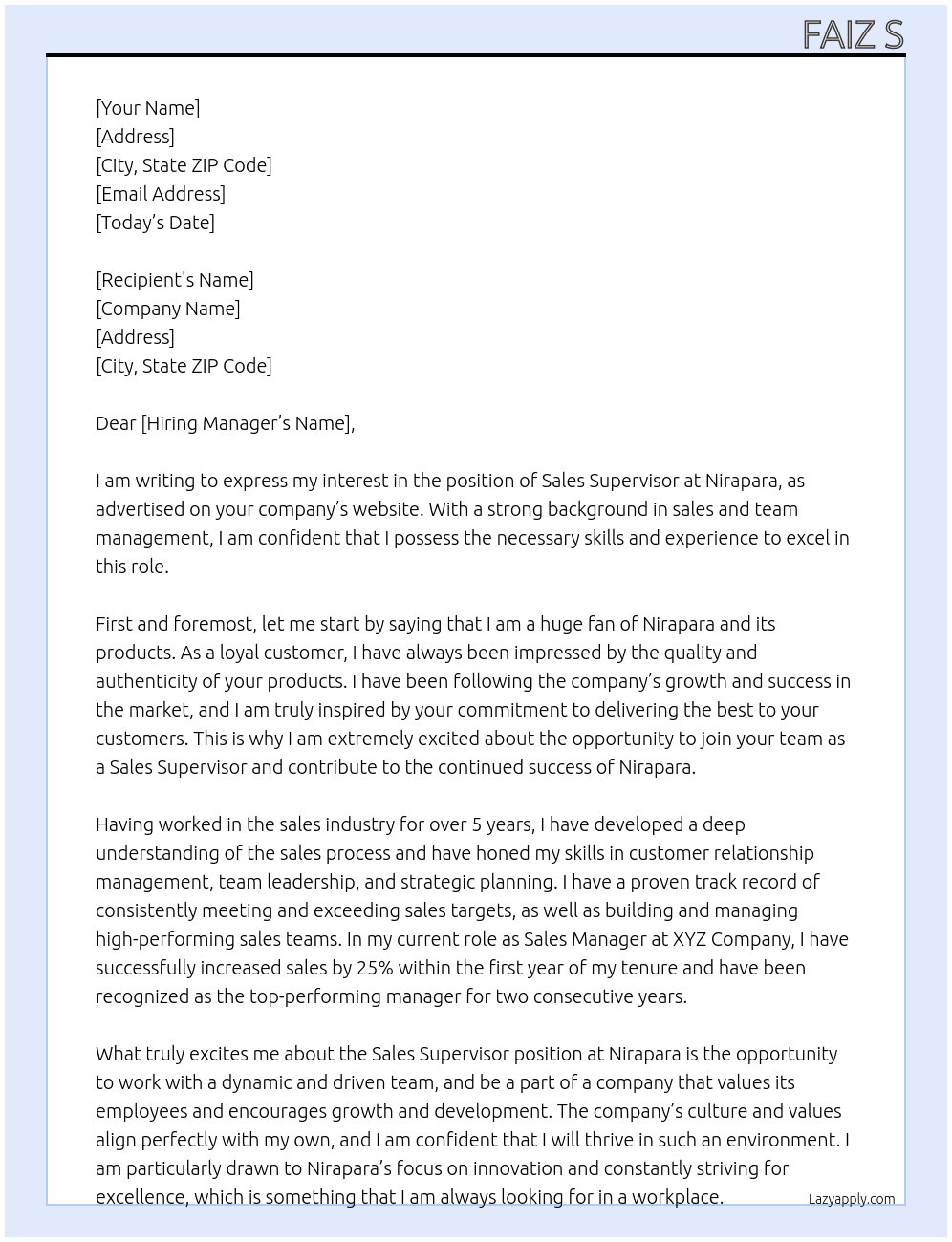 Sales Supervisor  At Nirapara Cover Letter