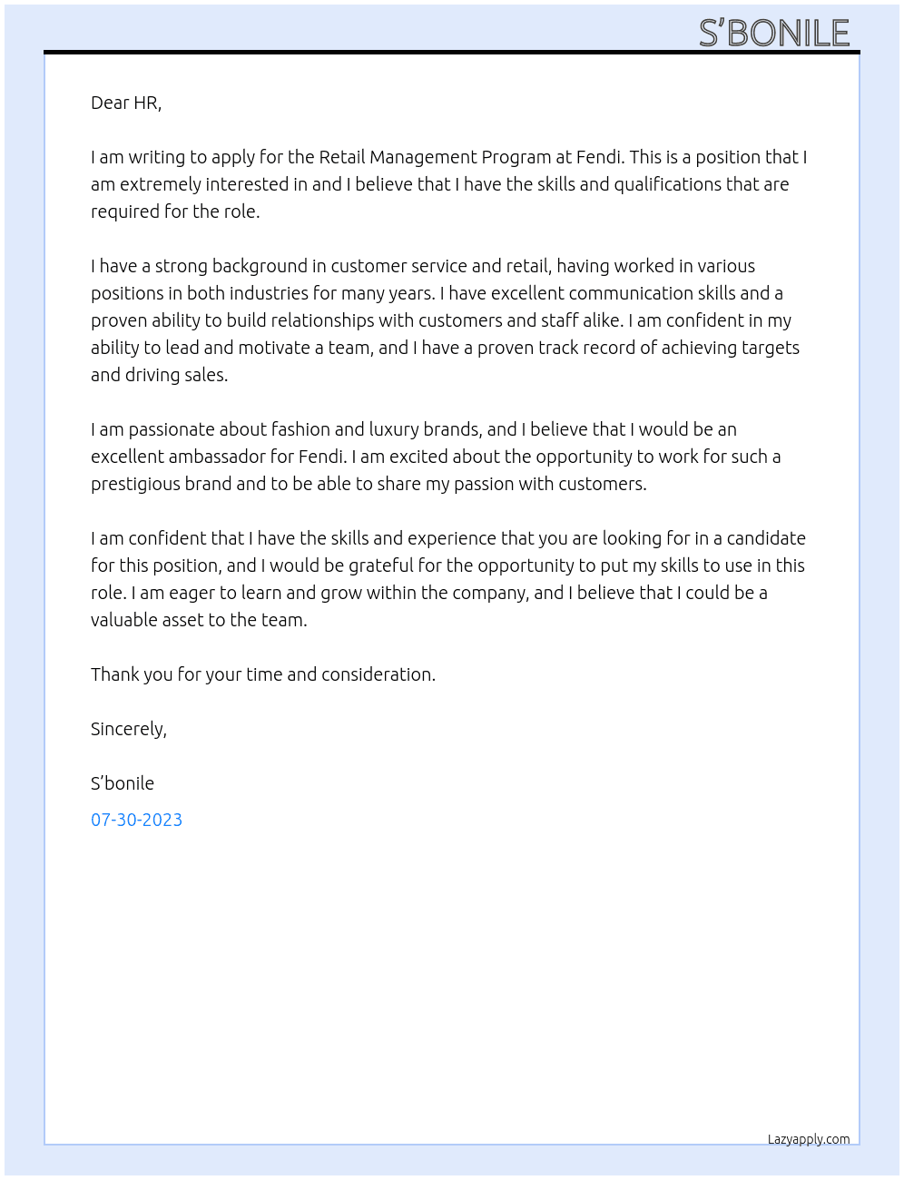 Retail Management Program At Fendi  Cover Letter
