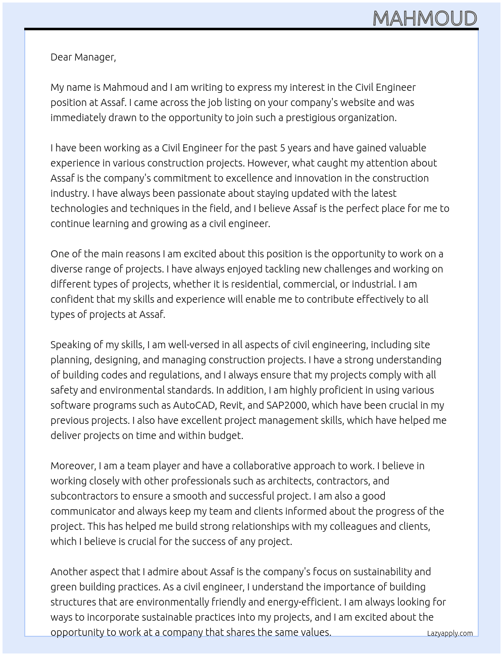 civil engineer At assaf Cover Letter