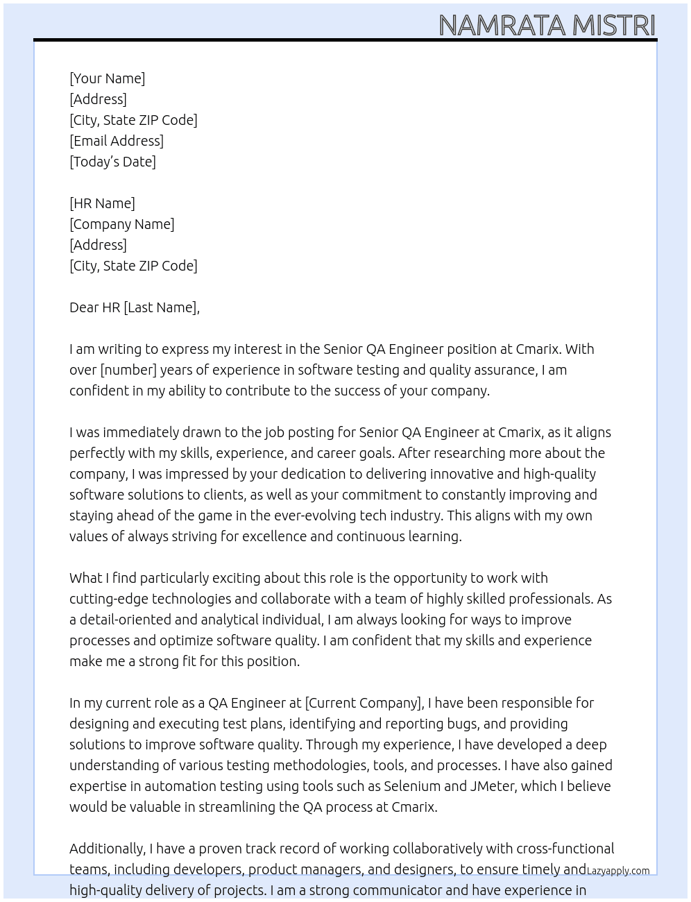 Senior QA Engineer At Cmarix Cover Letter