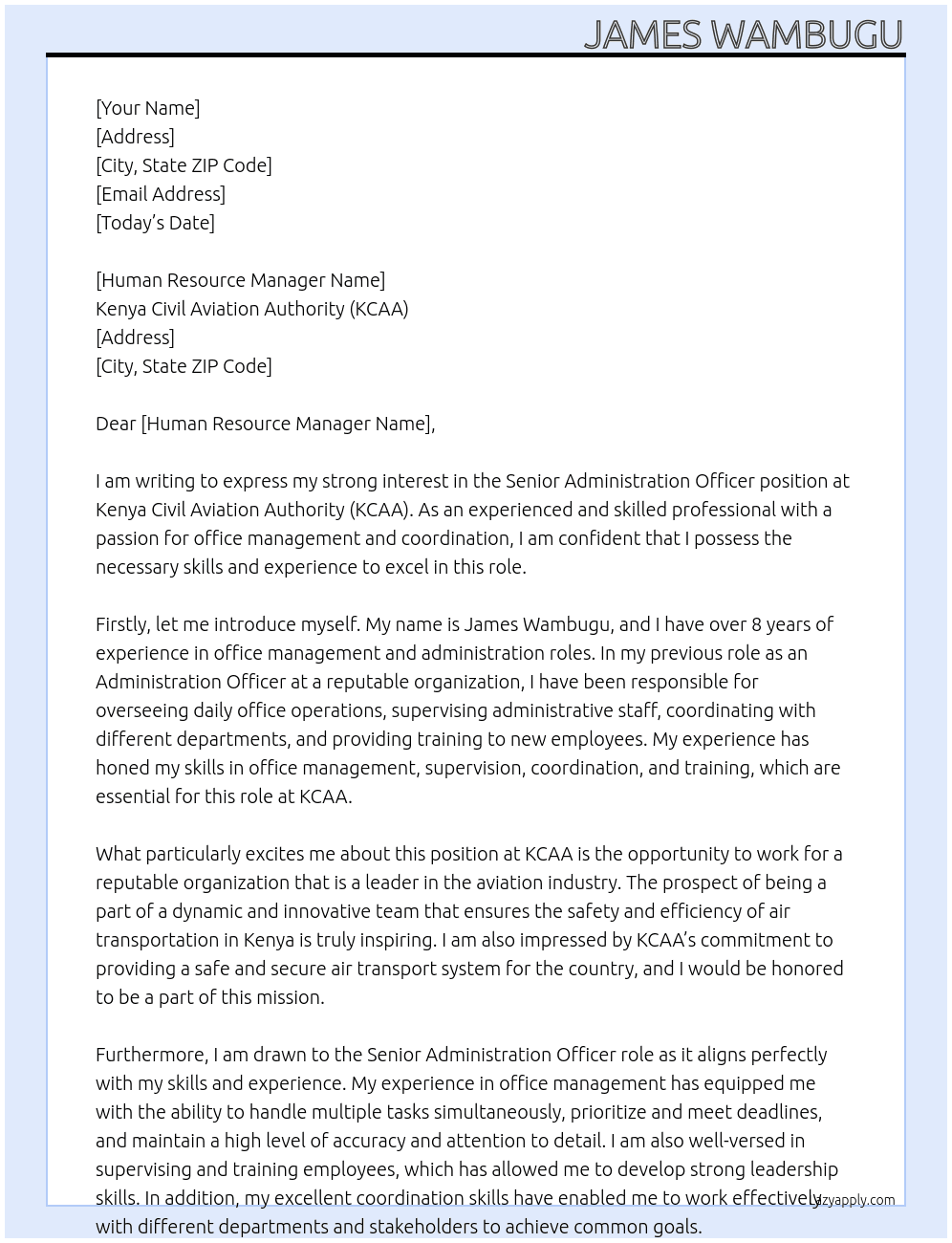  Senior Administration Officer At Kenya Civil Aviation Authority [KCAA] Cover Letter
