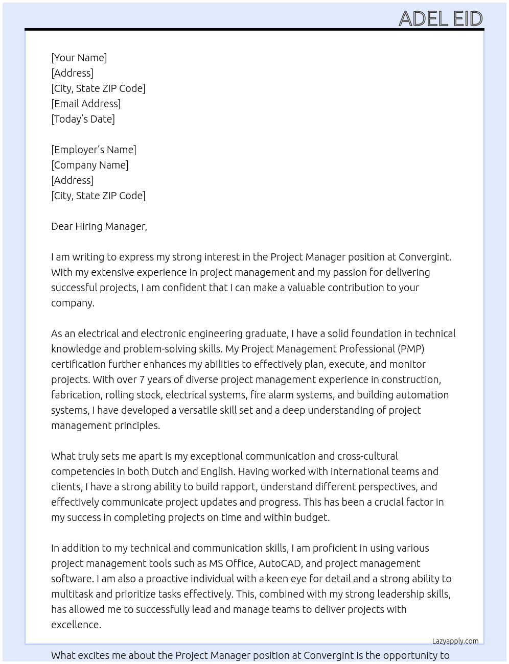 Project Manager At Convergint Cover Letter