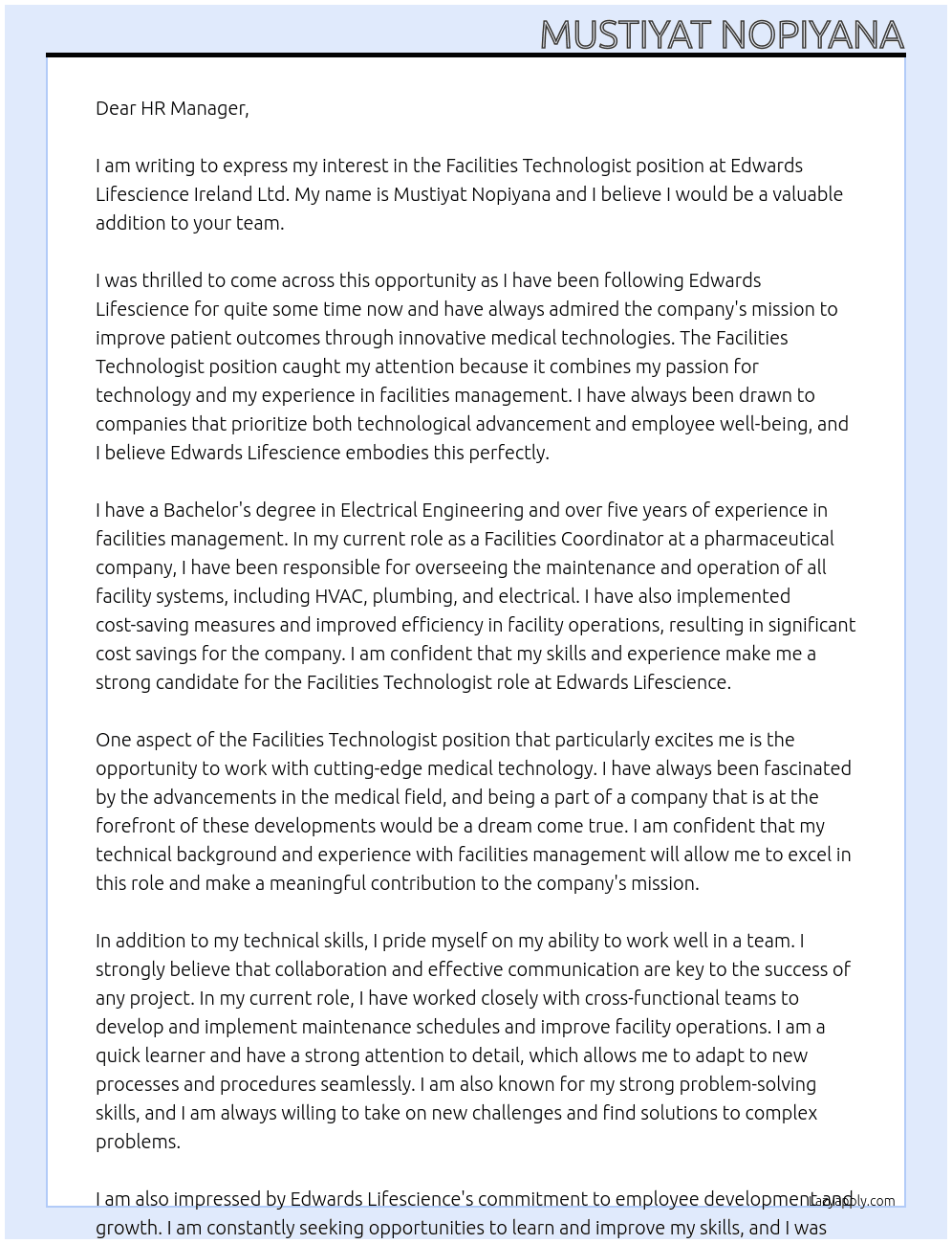 Facilities Technologist At Edwards Lifescience Ireland Ltd Cover Letter