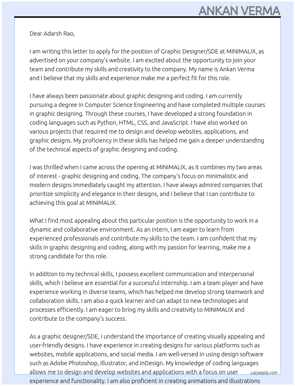Graphic Designer/SDE  At MINIMALIX Cover Letter