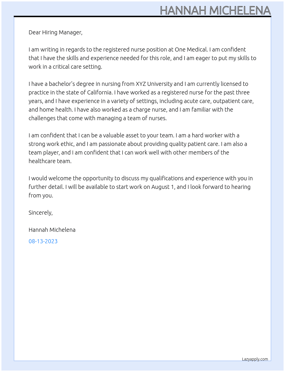 Registered nurse At One Medical Cover Letter