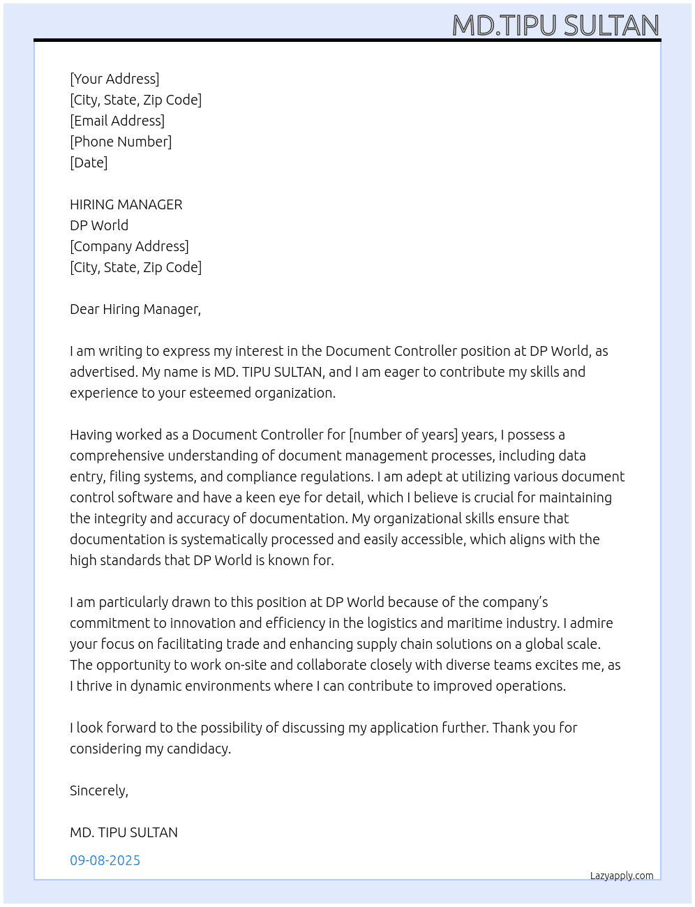 Document Controller At DP World Cover Letter
