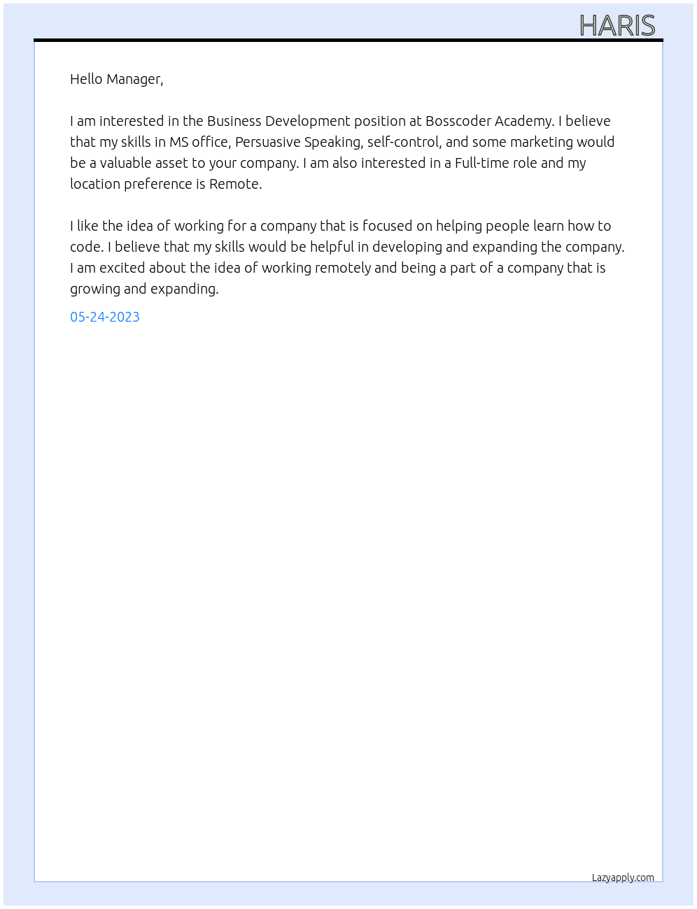 Business development  At Bosscoder academy Cover Letter