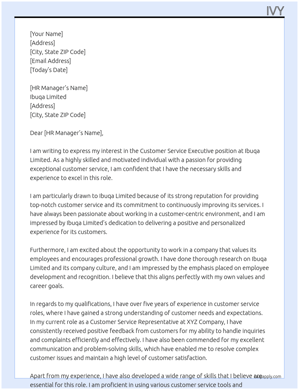 Customer Service Executive  At Ibuqa Limited Cover Letter