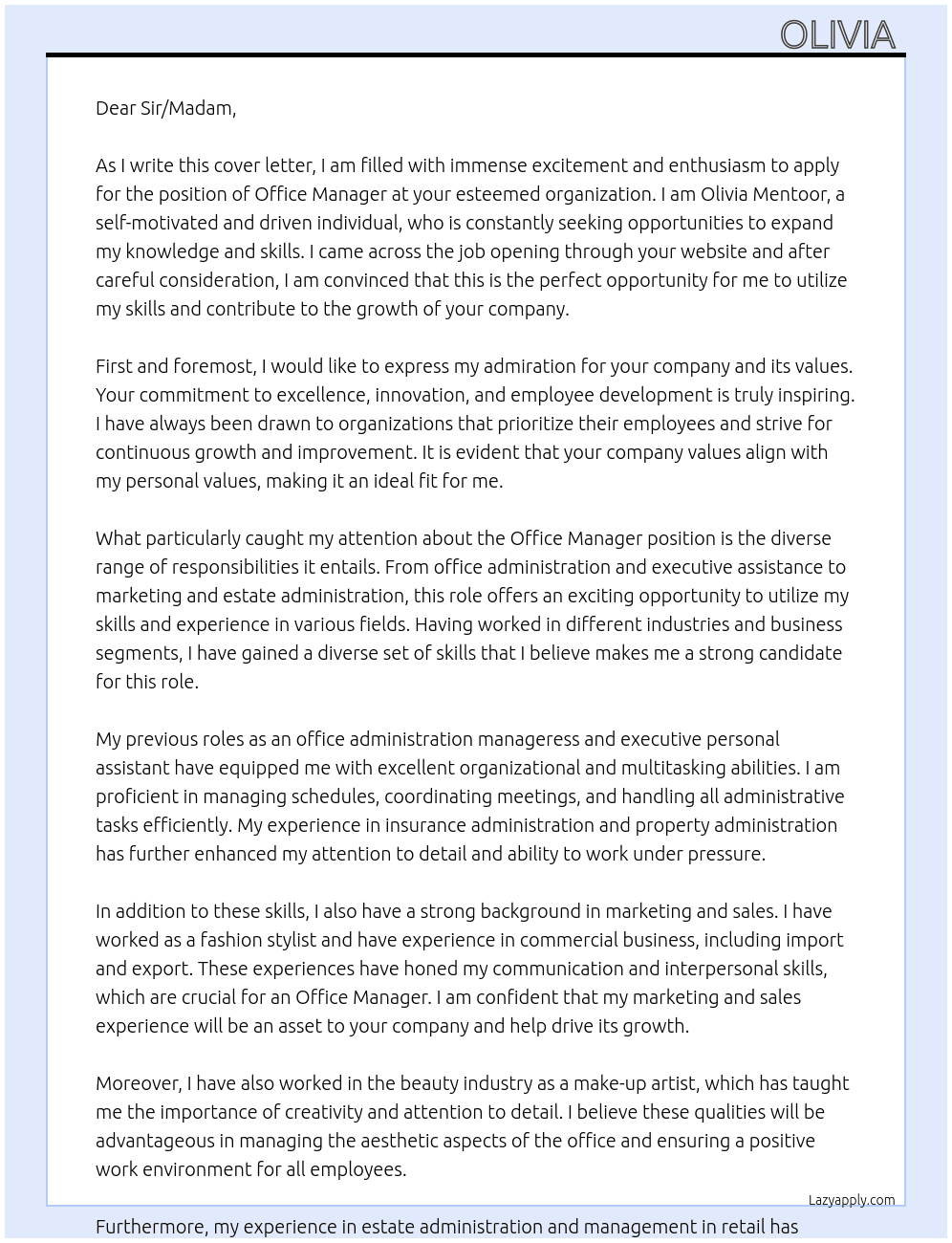 Office Manager  At Olivia  Cover Letter
