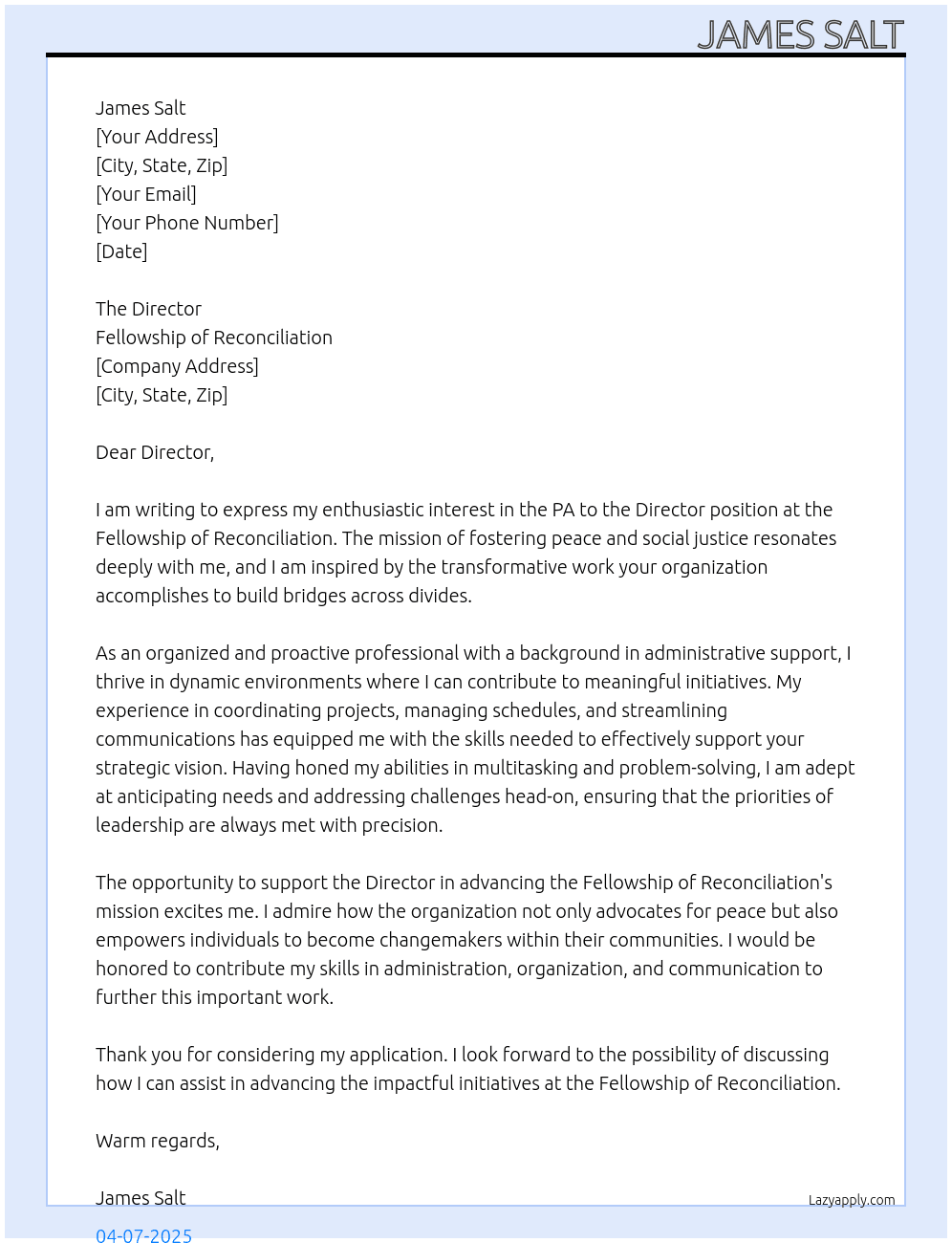 Cover letter for pa to the director - LazyApply