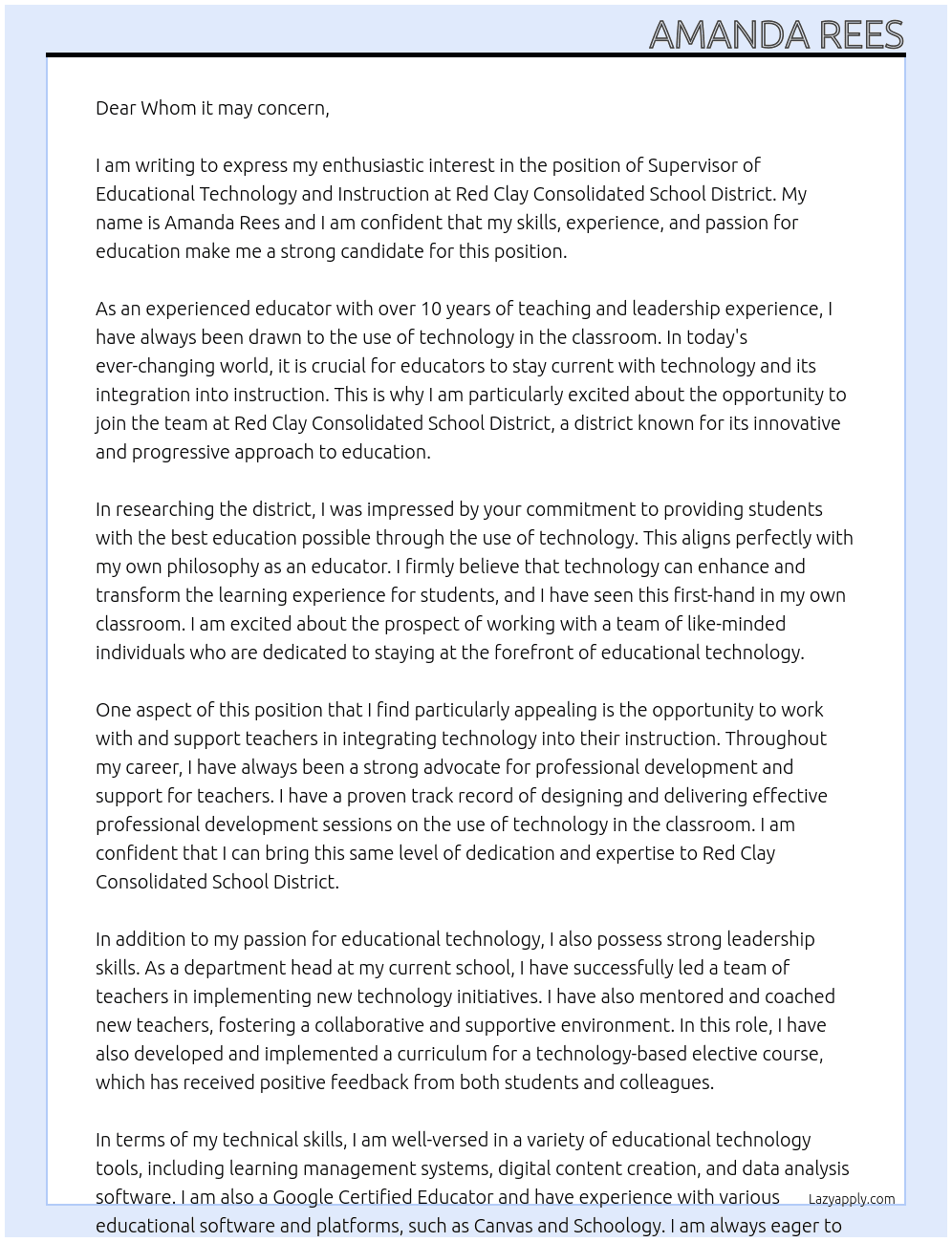 Supervisor of Educational Technology and Instruction	 At Red Clay Consolidated School District Cover Letter