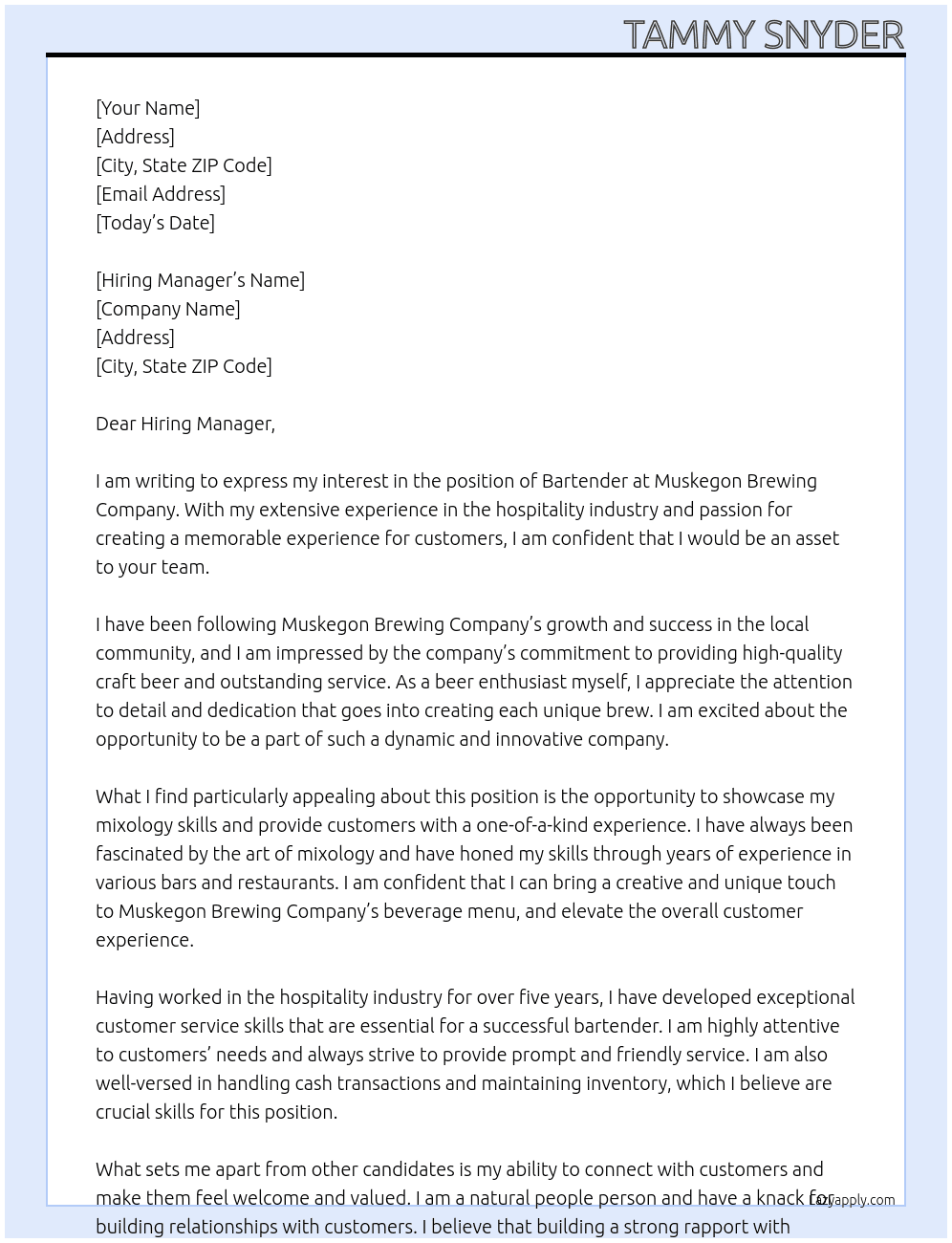 Bartender At Muskegon Brewing Company Cover Letter