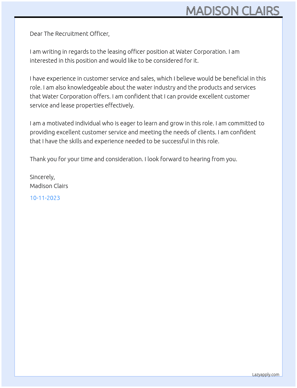 Leasing officer  At Water Corporation  Cover Letter