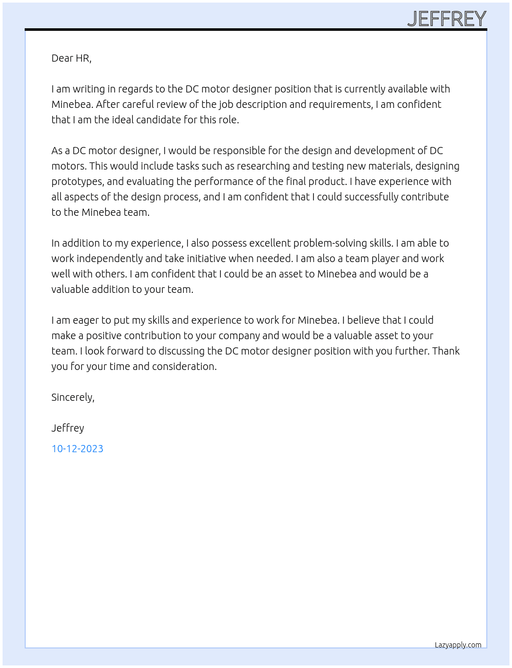 DC motor designer At Minebea Cover Letter