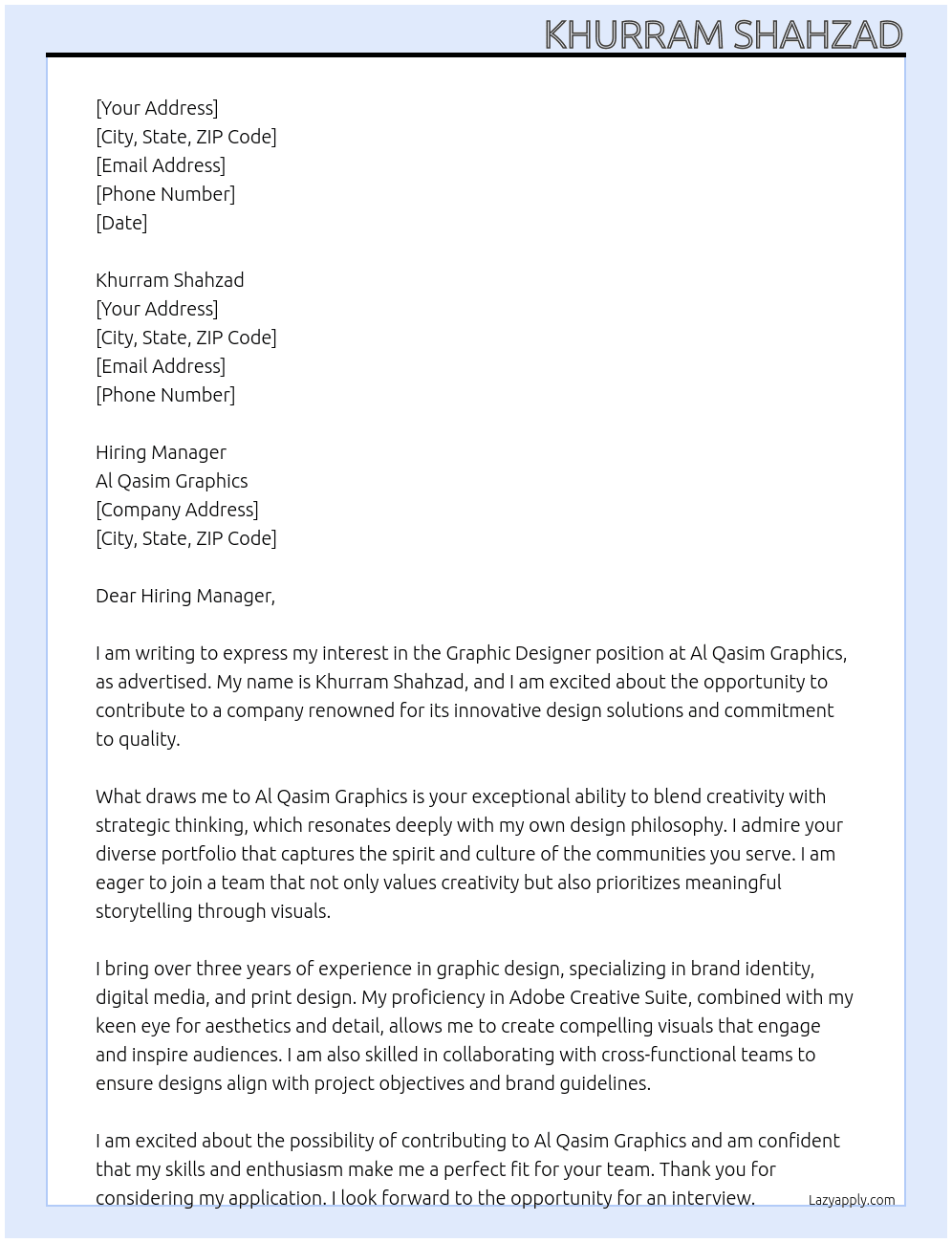 graphic designer At al qasim graphics Cover Letter