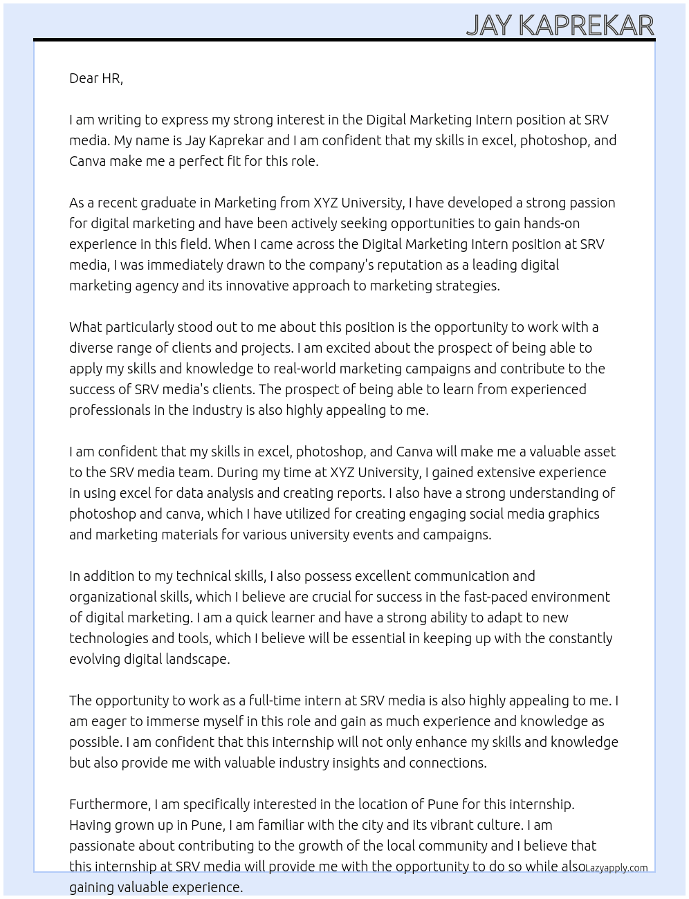 digital marketing intern At SRV media Cover Letter