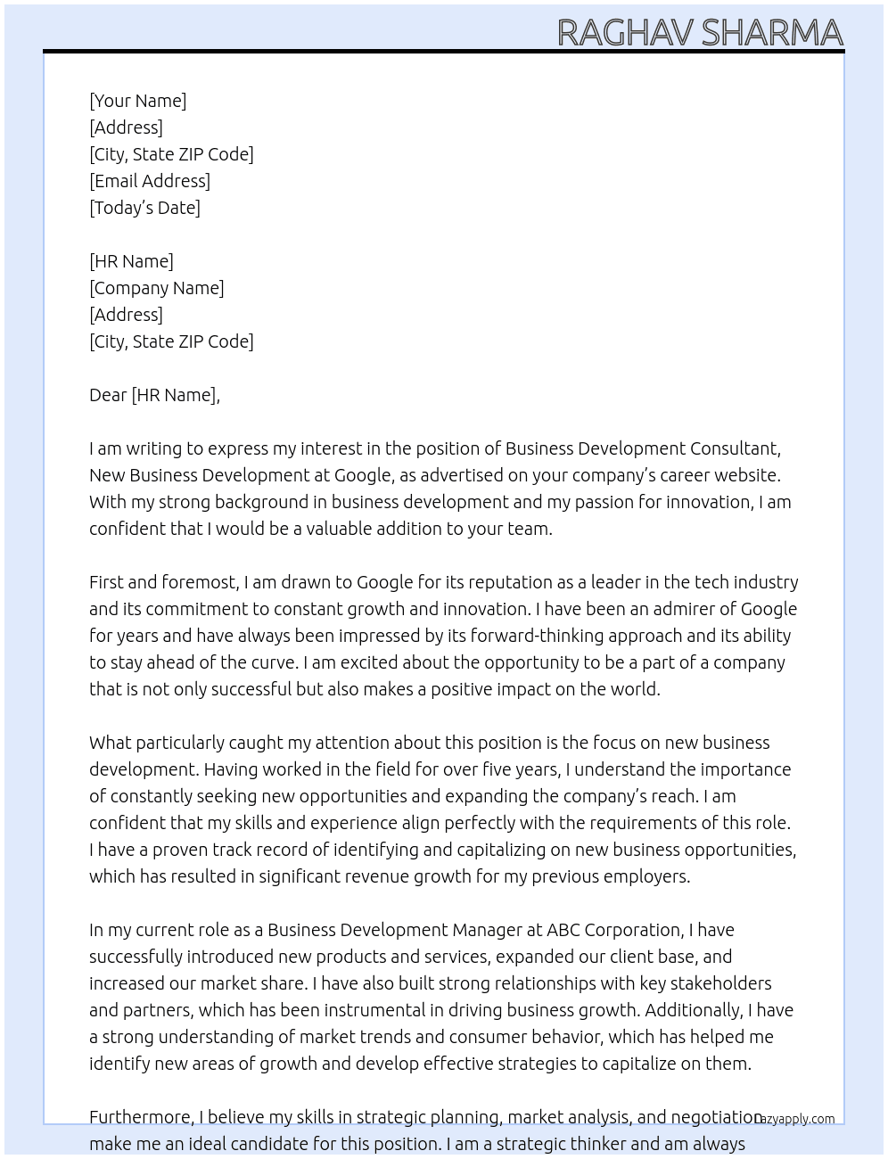 Cover letter for business development consultant, new business development - LazyApply