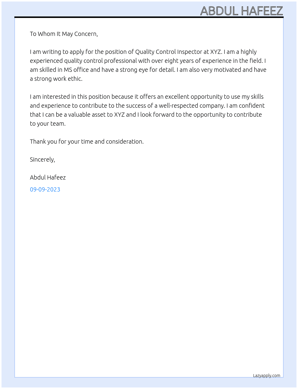 Quality Control Inspector  At XYZ  Cover Letter