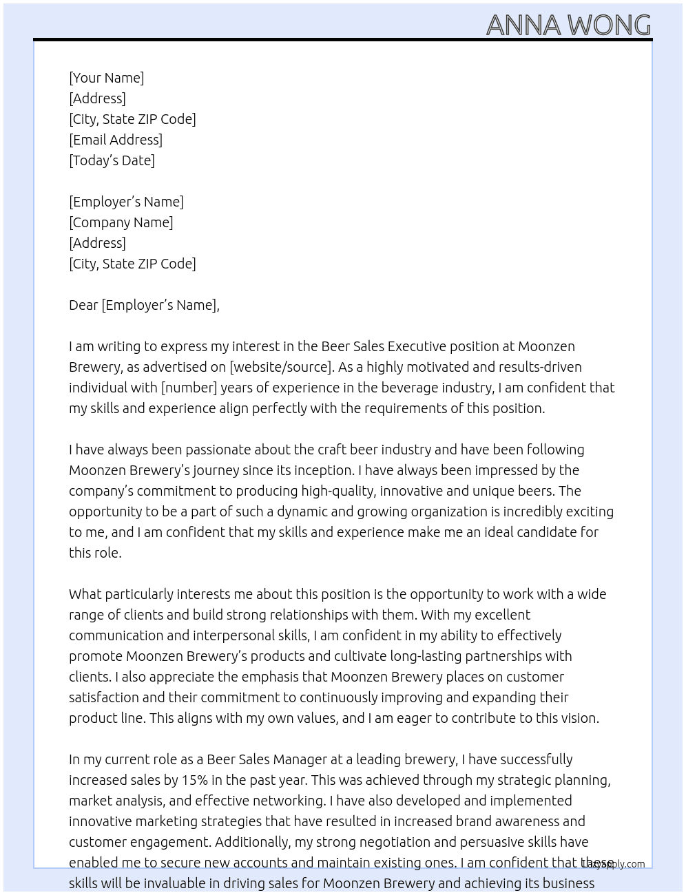 Beer sales executive  At Moonzen brewery Cover Letter