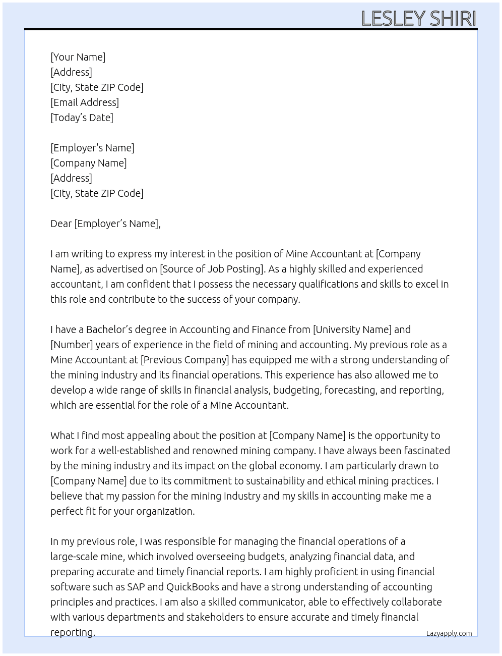 mine accountant At ll Cover Letter
