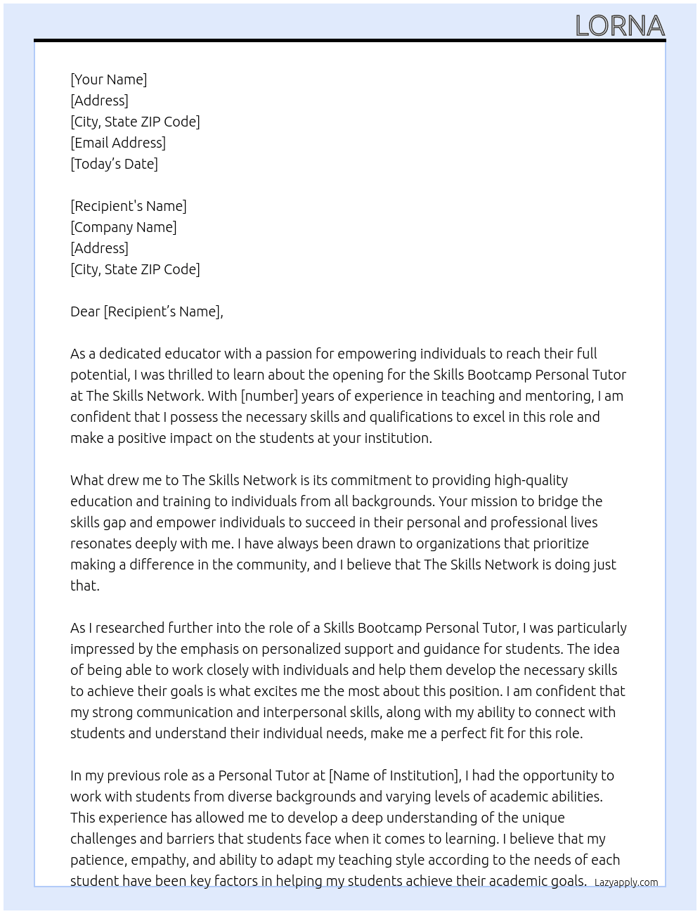 Skills Bootcamp Personal Tutor At The Skills Network  Cover Letter