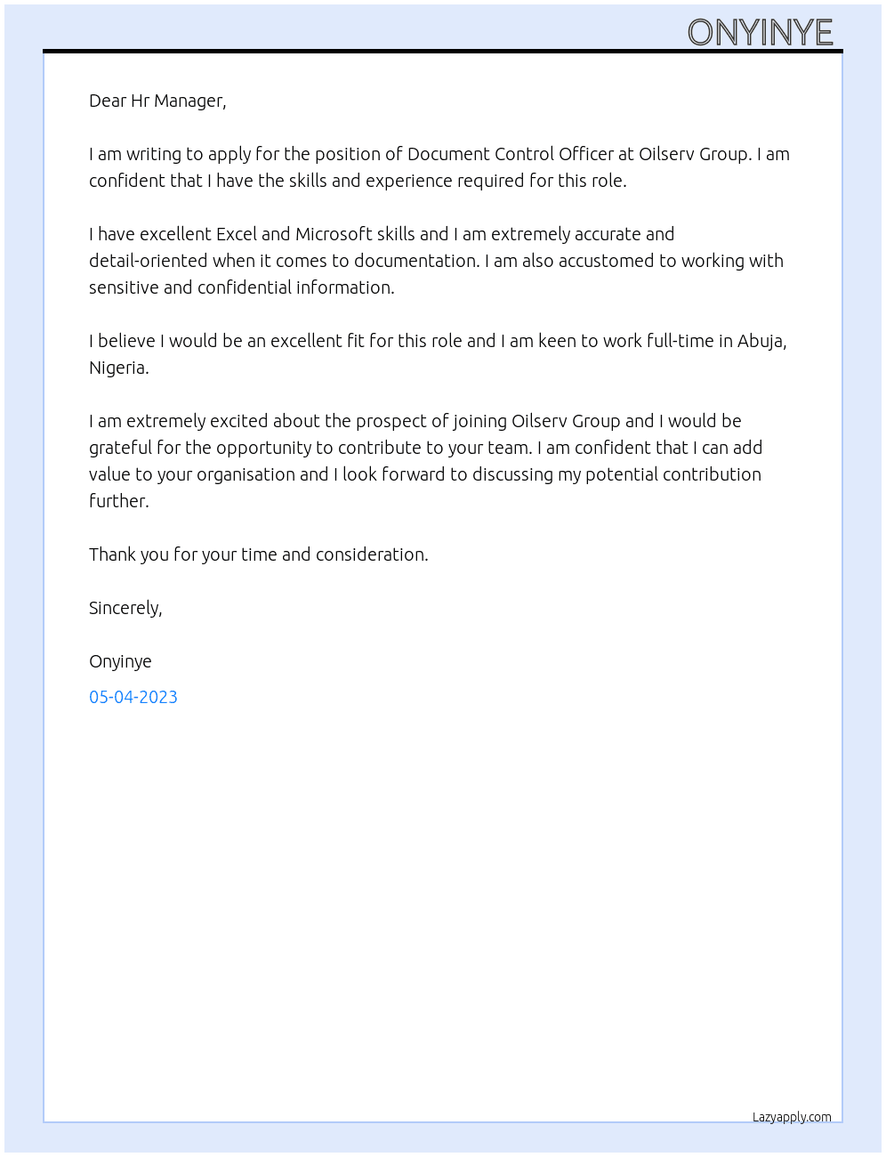 Document control officer At Oilserv group Cover Letter