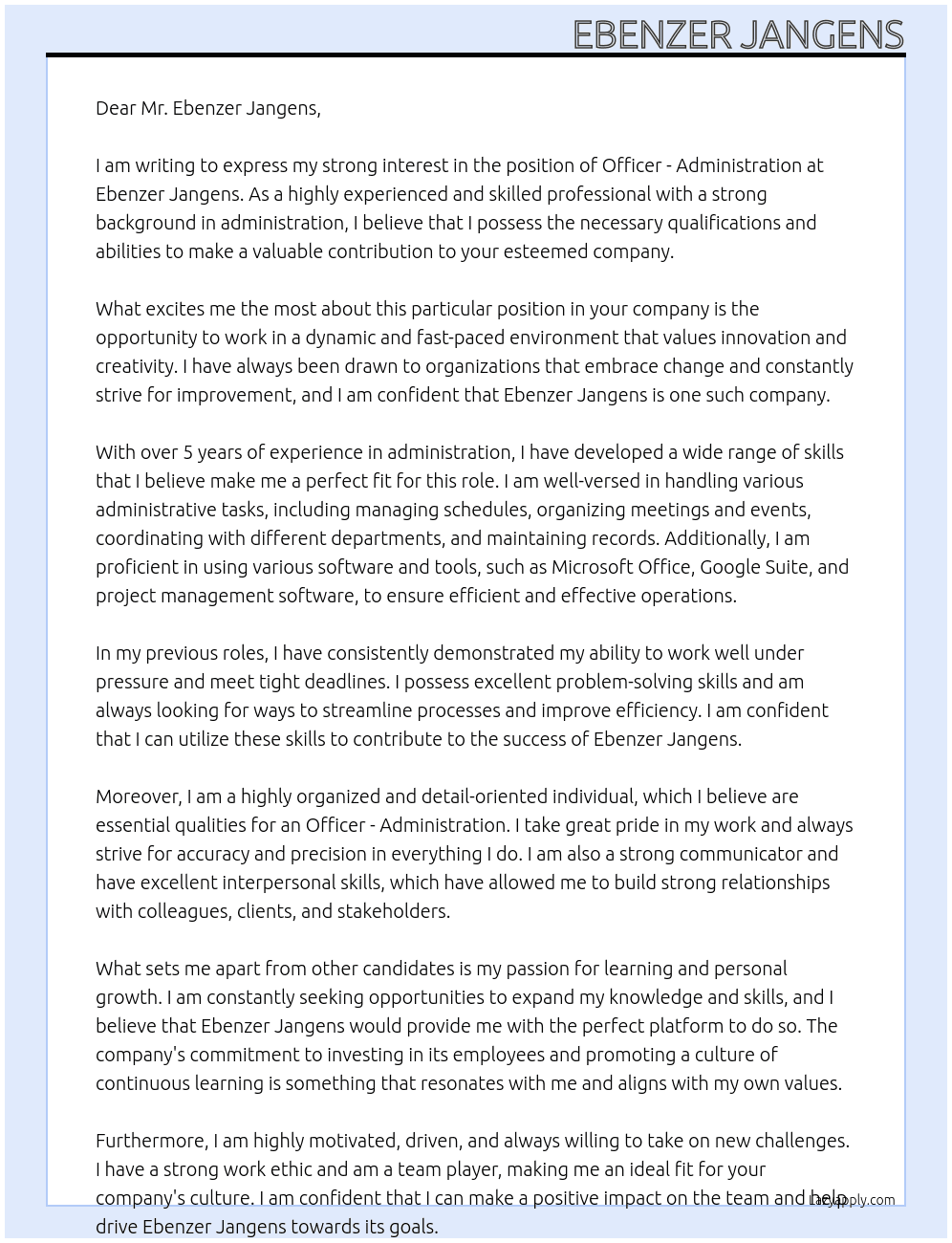 Officer - Administration At Ebenzer Jangens Cover Letter