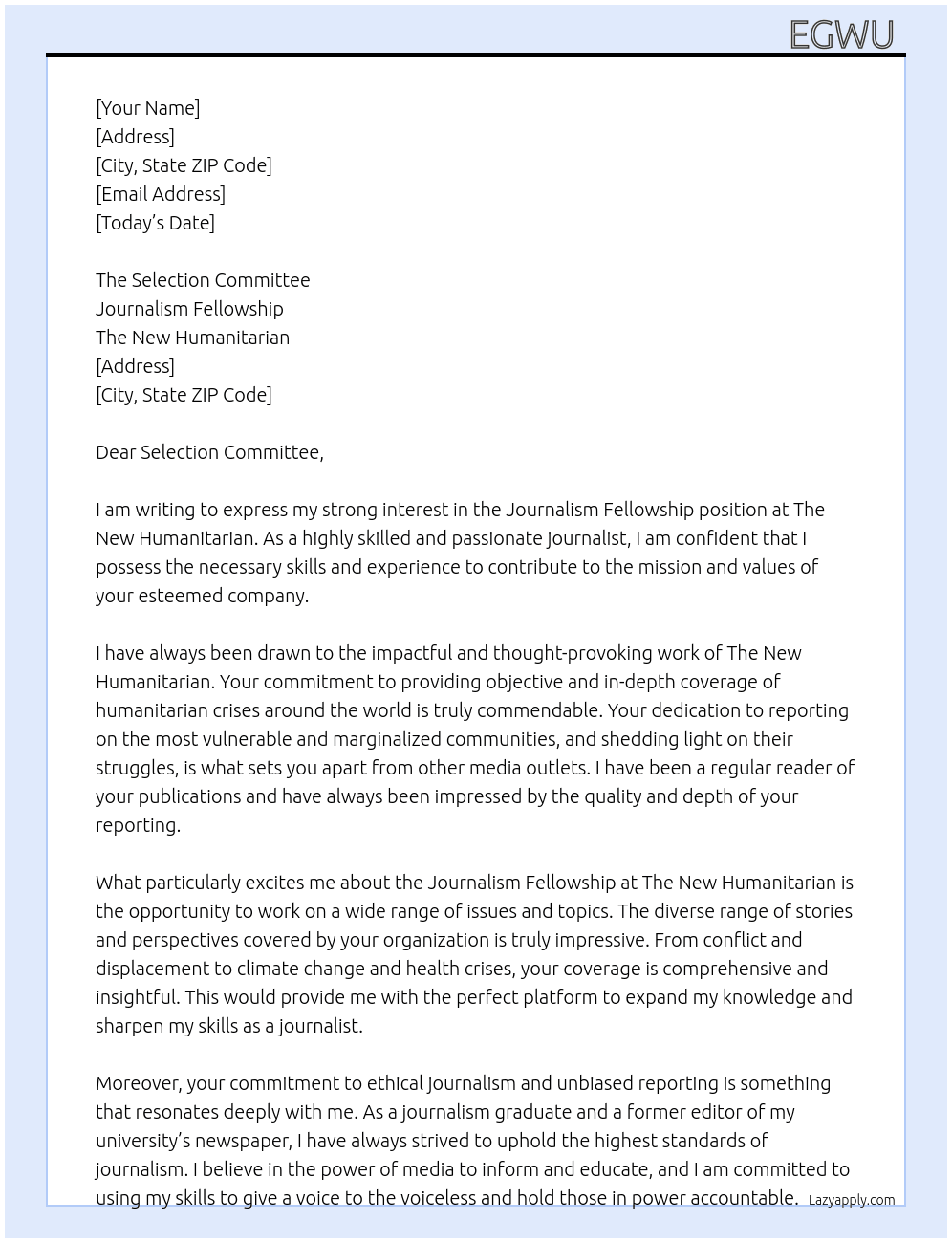 Journalism Fellowship  At The New Humanitarian  Cover Letter