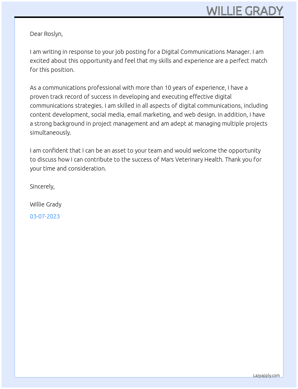 Digital Communications Manager At Mars Veterinary Health Cover Letter