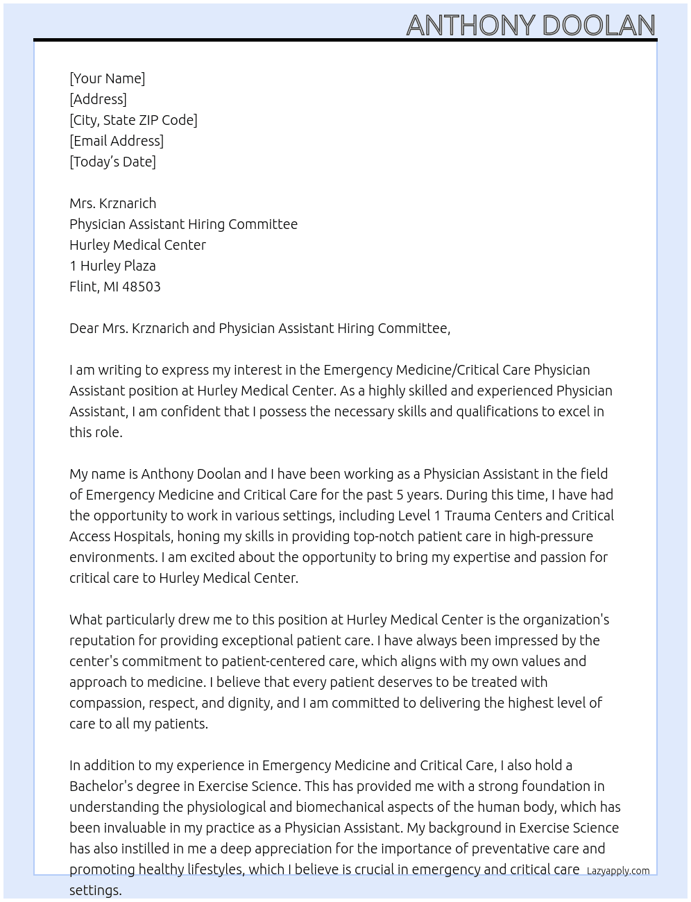 Emergency Medicine/Critical Care Physician Assistant At Hurley Medical Center  Cover Letter