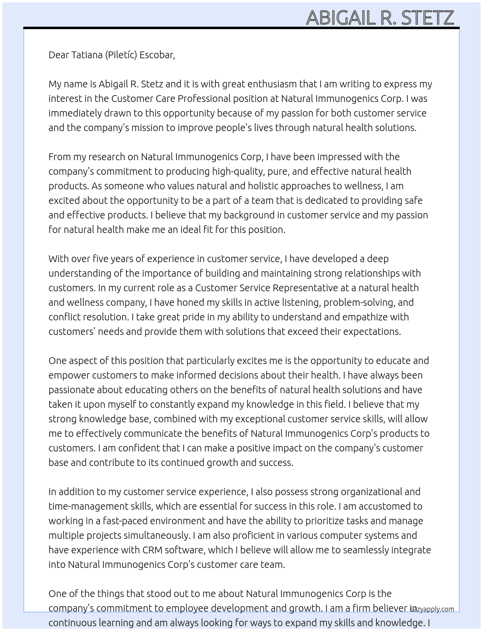 Customer Care Professional At Natural Immunogenics Corp.  Cover Letter