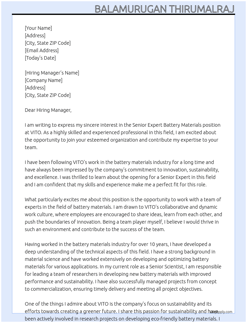 Cover letter for senior expert battery materials - LazyApply