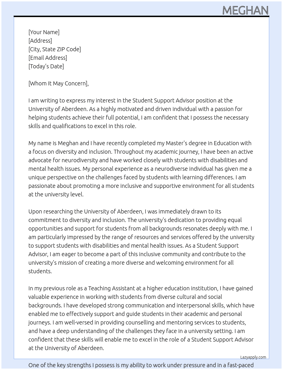 Student Support Advisor At University of Aberdeen Cover Letter