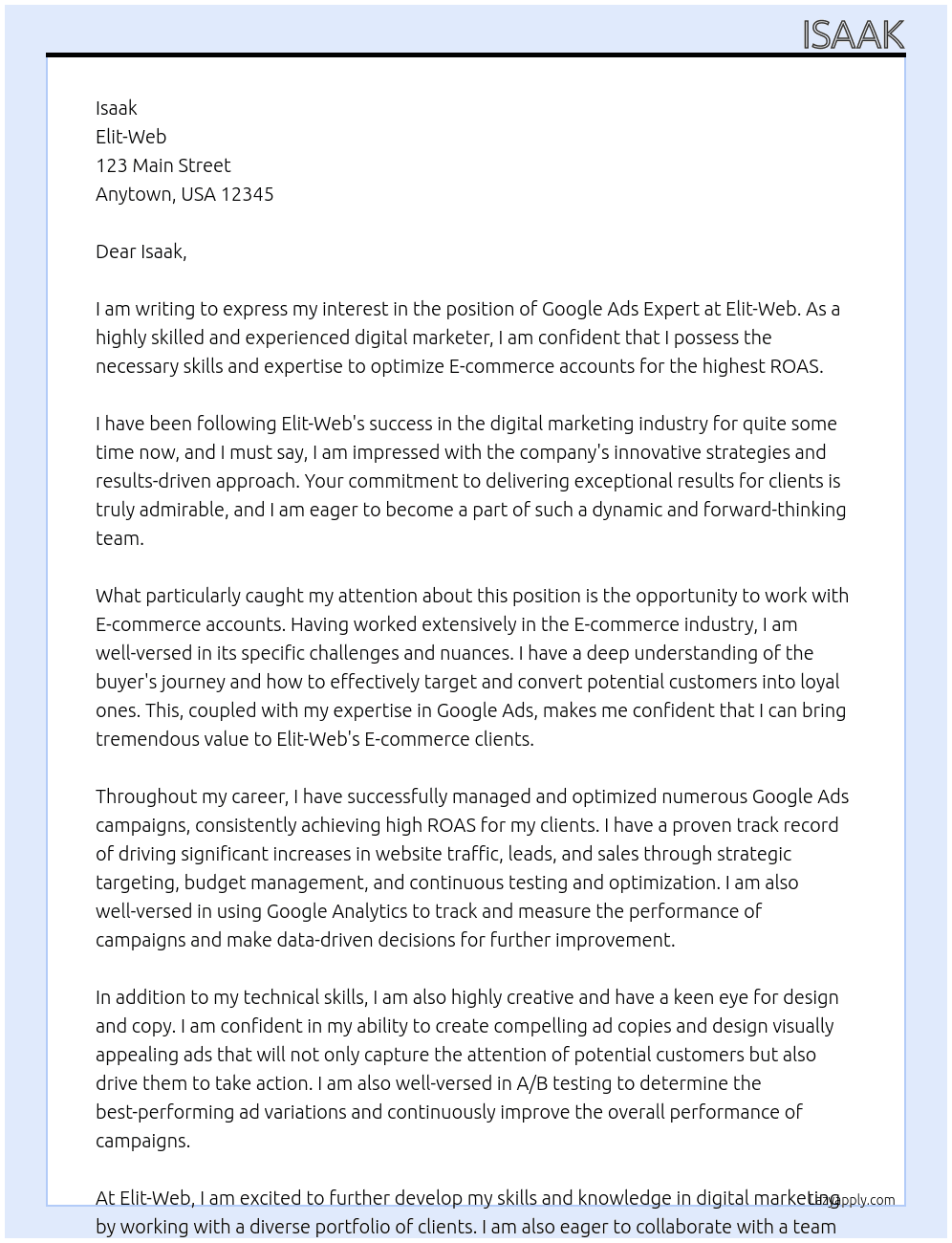 Google Ads Expert to optimize E-commerce account for the highest ROAS At Elit-Web Cover Letter