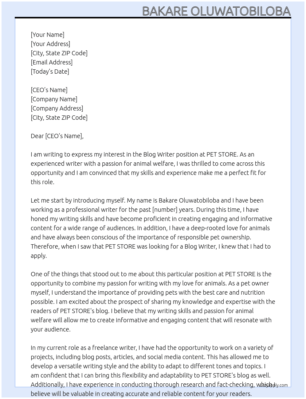 Blog Writer At PET STORE Cover Letter