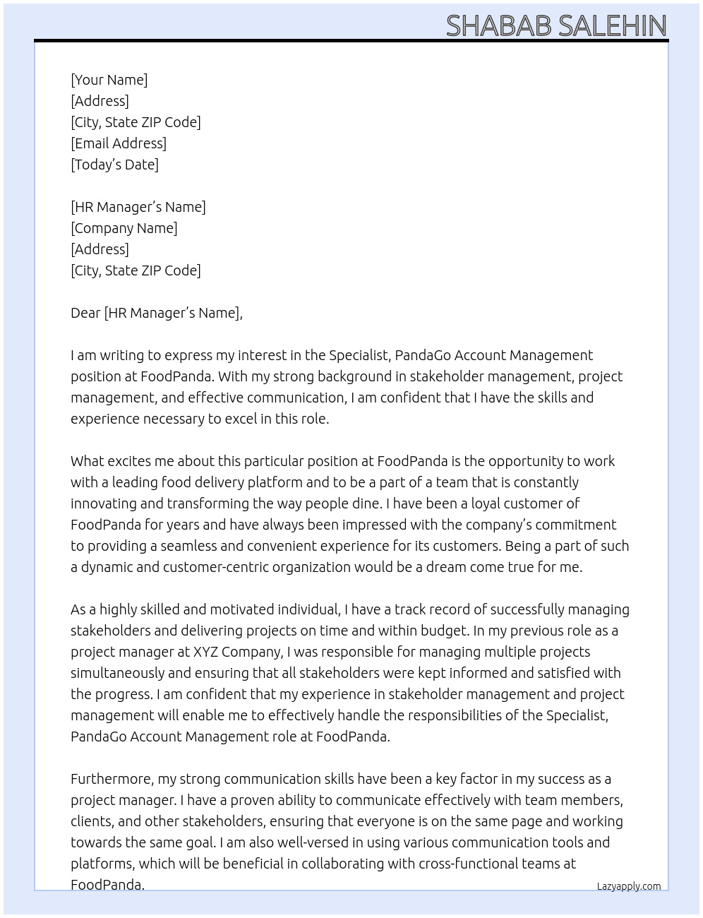 Specialist, PandaGo Account Management At FoodPanda Cover Letter